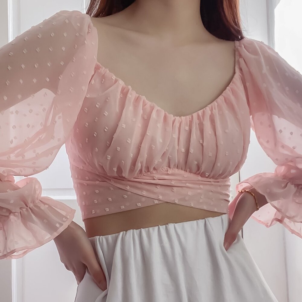 Pink Swiss Dot Lantern Sleeve Cropped Wrapped Blouse